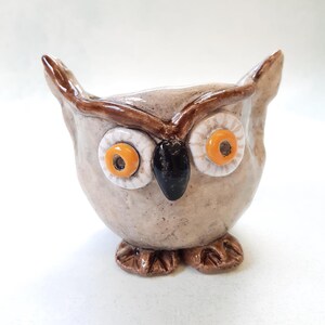 May include: A ceramic owl ornament with a light brown body, brown detailing, and large eyes. The owl has a black beak and orange and white eyes. The figurine rests on small, brown feet.