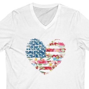 American Flag Shirt, American Flag Heart V-neck shirt, Heart flag floral, USA Shirt, 4th of July Shirt, Women&#39;s American Flag Shirt