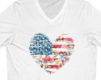 American Flag Shirt, American Flag Heart V-neck shirt, Heart flag floral, USA Shirt, 4th of July Shirt, Women's American Flag Shirt