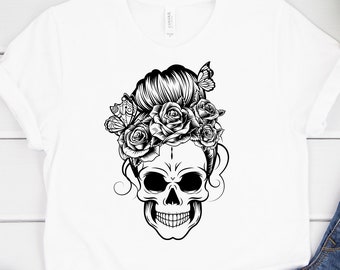 Skull Shirt, Floral Skull, Halloween Shirt, Butterflies Skull, Artistic Skull, Sugar Skull Shirt, Skull T-shirt, Messy Bun, Butterfly Skull