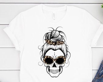 Camisa de bun desordenada, camisa de cráneo de bun desordenado, estampado de leopardo, camisa de pelo Bun, camisa de mamá bun desordenada, camiseta Bun, camisa de mamá de Halloween