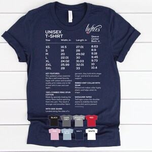 May include: A navy blue unisex t-shirt with white text detailing the size, width, length, and sleeve center back measurements in inches. The t-shirt features a ribbed knit collar with seam, shoulder taped, and side seams. The key features of the t-shirt are listed, including 100% combed ring spun cotton. The t-shirt is available in 10 colors: black, dark grey, athletic grey, red, pink, light blue, navy, white.