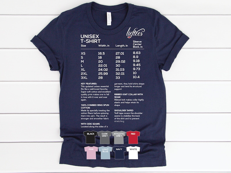 May include: A navy blue unisex t-shirt with white text detailing the size, width, length, and sleeve center back measurements in inches. The t-shirt features a ribbed knit collar with seam, shoulder taped, and side seams. The key features of the t-shirt are listed, including 100% combed ring spun cotton. The t-shirt is available in 10 colors: black, dark grey, athletic grey, red, pink, light blue, navy, white.