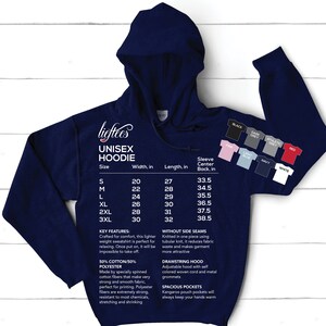 May include: A navy blue unisex hoodie with a size chart showing width, length, and sleeve center back measurements in inches. The hoodie has a drawstring hood, kangaroo pockets, and is made of 50% cotton and 50% polyester.