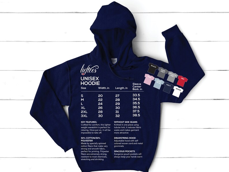 May include: A navy blue unisex hoodie with a size chart showing width, length, and sleeve center back measurements in inches. The hoodie has a drawstring hood, kangaroo pockets, and is made of 50% cotton and 50% polyester.