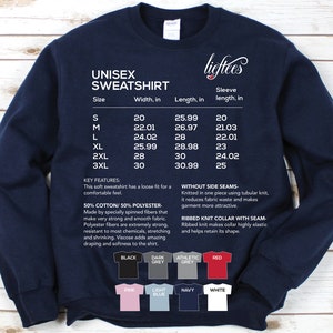May include: Unisex sweatshirt in navy blue with a size chart and details about the fabric and construction. The chart shows sizes S through 3XL with corresponding width, length, and sleeve length measurements in inches. The text also mentions the fabric composition, which is 50% cotton and 50% polyester. The sweatshirt has a ribbed knit collar with a seam and no side seams. The text also mentions that the sweatshirt has a loose fit for a comfortable feel.