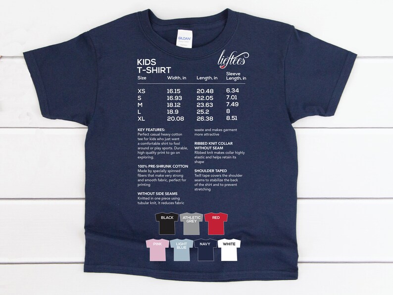 May include: A navy blue kids' t-shirt with a size chart and color options. The chart shows sizes XS to XL with corresponding width, length, and sleeve length measurements in inches. The color options include black, athletic grey, red, pink, light blue, navy, and white.