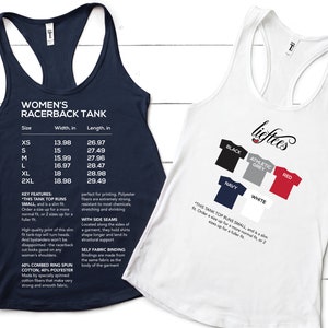 May include: A navy blue racerback tank top with size chart and product details. The tank top is made of 60% combed ring spun cotton and 40% polyester. The text "This tank top runs small" is printed on the white tank top.