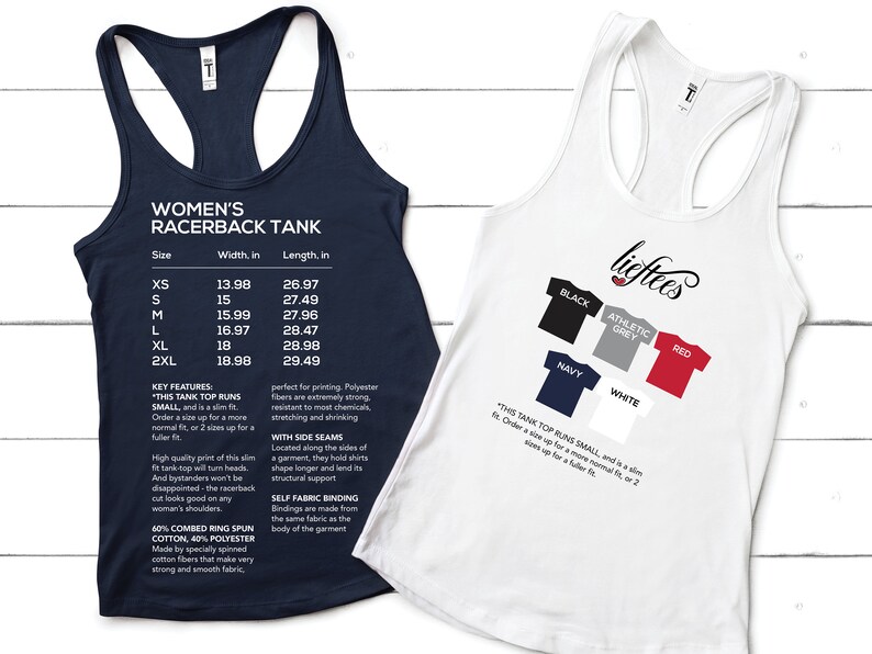 May include: A navy blue racerback tank top with size chart and product details. The tank top is made of 60% combed ring spun cotton and 40% polyester. The text "This tank top runs small" is printed on the white tank top.