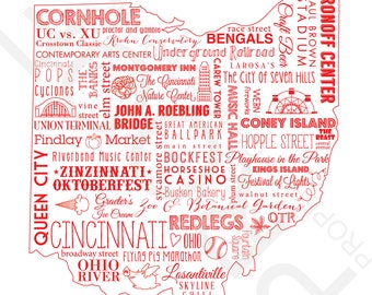 Cincinnati, Ohio Collage Rood & Wit Art Print