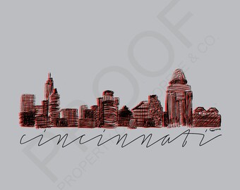 Cincinnati, Ohio Black, Red & Grey Sketched Skyline Art Print