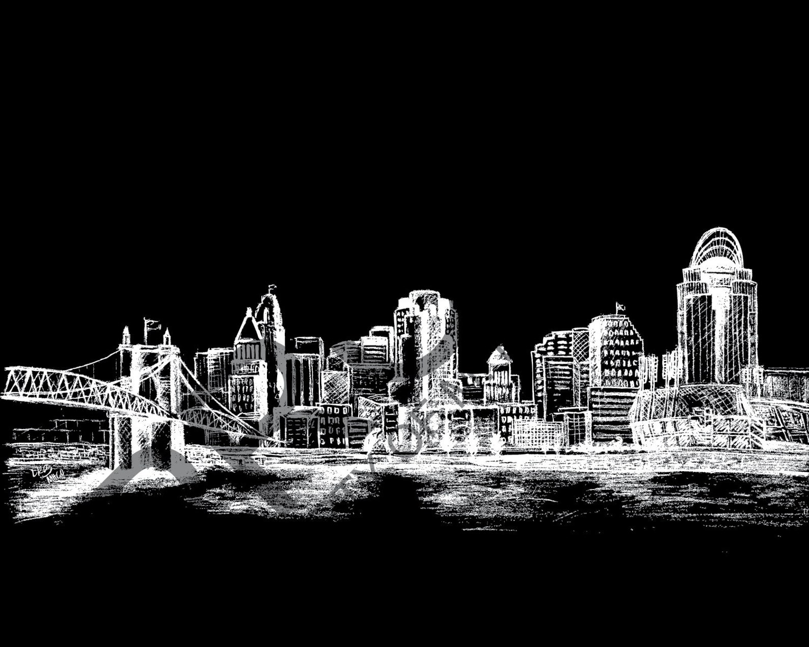 Black and White Cincinnati Skyline Sketch Art Print Etsy