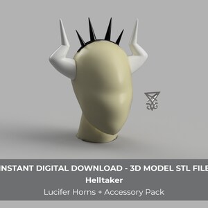 May include: A 3D model of a cream-coloured head with white horns and black spikes. The image includes the text "INSTANT DIGITAL DOWNLOAD - 3D MODEL STL FILE Helltaker Lucifer Horns + Accessory Pack". A silver symbol is also present.