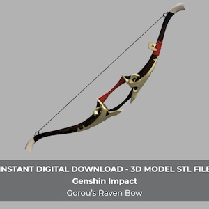 May include: A 3D model of Gorou's Raven Bow from Genshin Impact. The bow features a dark brown body with gold accents, red details, and a white tip. The text "INSTANT DIGITAL DOWNLOAD - 3D MODEL STL FILE" is visible.