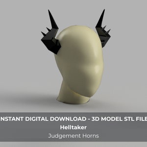 May include: A 3D model of a head with black Judgment Horns, a design from Helltaker. The head is a light beige color, and the horns are angular and spiky. The image includes the text "INSTANT DIGITAL DOWNLOAD - 3D MODEL STL FILE" and "Helltaker Judgement Horns."