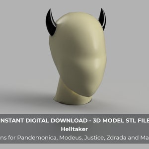 May include: A 3D model of a head with black horns. The head is a light beige color. The image includes the text "INSTANT DIGITAL DOWNLOAD - 3D MODEL STL FILE Helltaker Horns for Pandemonica, Modeus, Justice, Zdrada and Malina."