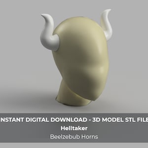 May include: A 3D model of Beelzebub horns from the game Helltaker. The horns are white and curved, set against a pale yellow head shape. The text "INSTANT DIGITAL DOWNLOAD - 3D MODEL STL FILE" and "Helltaker Beelzebub Horns" is displayed below.