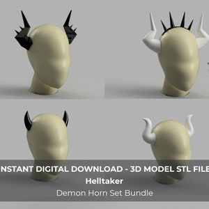 May include: A digital download image showcasing four 3D model STL files of demon horns. The horns are black and white, and are attached to a light beige head model. The text reads "INSTANT DIGITAL DOWNLOAD - 3D MODEL STL FILE Helltaker Demon Horn Set Bundle."