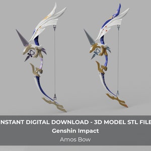 Op de afbeelding: Een 3D-model van de Amos Bow uit Genshin Impact. De boog heeft een wit en blauw ontwerp met gouden accenten. De tekst "INSTANT DIGITAL DOWNLOAD - 3D MODEL STL FILE" is zichtbaar, samen met "Genshin Impact" en "Amos Bow".