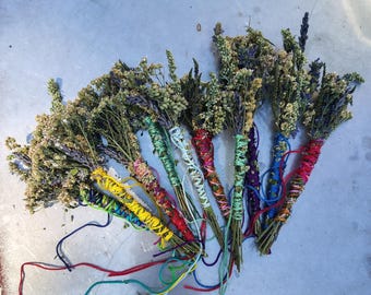 Herbal Smudge Smoke Wand Bouquet w/ Yarrow, Anise Hyssop, Mugwort, Meadowsweet, Blue Vervain & Lavender to Burn or Altar Display Cleansing
