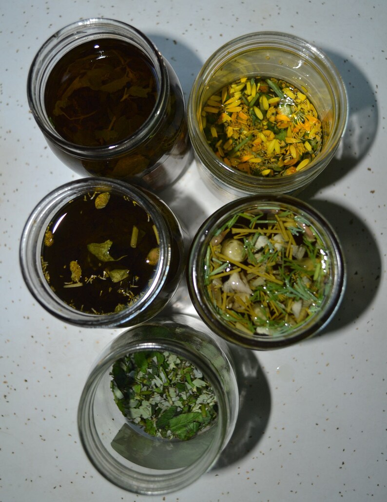 May include: Five glass jars filled with different herbs and flowers, submerged in oil. The jars are arranged in a semi-circle on a white surface.