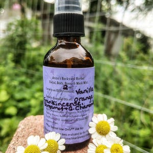 Sweet Orange, Frankincense, Bergamot, German Chamomile & Vanilla Body Spray for calming, relaxing, aromatherapy, odor, refreshing, skin