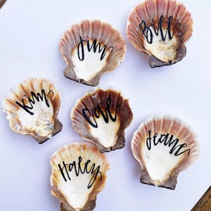 Oyster Shell Escort Cards – Beach Wedding Place Settings – Custom Guest Name Shells – Hand Lettered Coastal Wedding Decor