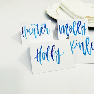 May include: Four white place cards with blue calligraphy. The names Hunter, Molly, Holly, and Kinley are written on the cards.