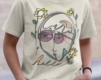 Spring Floral Face Tee Shirt, Abstract Pastel Colorful Line Art Portrait Gift Top for Her Him, Hello Sunglasses Flower Summer Lounge Wear