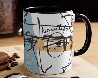 Beautiful Abstract Face Mug, Art Coffee Cup, Christian Mug, Womens Gift Mug, Contour Face Drinkware, Line Art Cup, Colorful Ceramic Mug