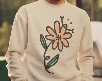 Smiling Abstract Flower Sweatshirt, Cute Unique Gift for Outdoor Best Friend Hiker Gardener Adventurer, Floral Art Daisy Pullover Sweater