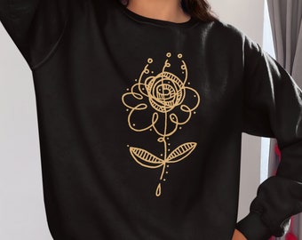 Golden Botanical Flower Sweatshirt, Gift for Mom Her Friend Abstract Floral Lover, Luxury Pullover Sweater, Fall Flowers Trending Line Art