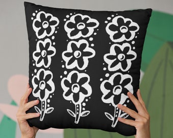 Black Flowers Pattern Single Square Pillow, Gift for Wife Her Best Friend, White Trendy Floral Luxury Unique Home Accent, Housewarming Gift