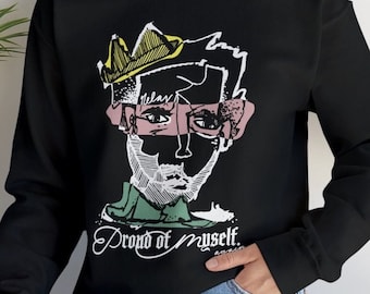 Proud Abstract Portrait Sweatshirt, Rasta King Crown Love Sweater, Motivation Gym Top, Inverse Contour Line Face, Gildan Black Pullover