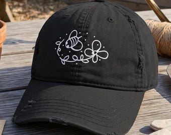 Bee Flower Pollen Embroidered Hat, Minimalist Nature Cap Cute Cottagecore Floral Gardener Gift for Mom Dad Her, Outdoor Distressed Aesthetic