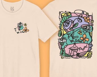 Surreal Line Art Face Tee Shirt, Abstract Minimalist Portrait Gift, Boho Artistic Graphic Top, Unique Flower Eye Lips Bee Design T-Shirt