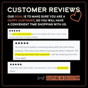 May include: Black background with white text that reads "CUSTOMER REVIEWS." Customer reviews are displayed in white boxes with yellow highlighting. The text includes phrases like "softest shirt" and "new favorite shirts!" A heart graphic is in the upper right corner.