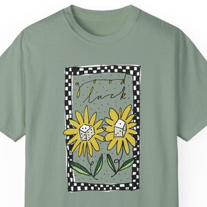 Luck Flower Dice Tee Shirt, Sunflower Checkered Gift for Outdoor Positive Best Friend, Handdrawn Script Florals, Oversized Lounge Wear Top