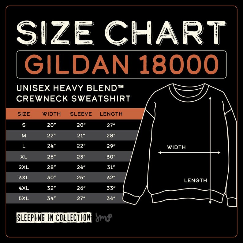 May include: A size chart for a Gildan 18000 unisex heavy blend crewneck sweatshirt. The chart shows measurements for sizes S to 5XL, including width, sleeve length, and overall length in inches. The chart is on a black background.
