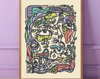 Organic Abstract Face Floral Line Art Print, Modern Boho Wall Decor Gift for Artist, Surreal Contemporary Poster Nature Elements Artwork
