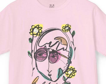 Kid Cartoon Face Flower Tee Shirt, Playful Summer Childs T-Shirt Gift for Boy Girl, Abstract Floral Line Art Graphic, Everyday Outdoor Wear