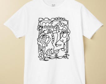 Kids Surreal Abstract Face Flower Tee Shirt, Fun Summer Playtime Gift for Children Him Her School, Unique Coloring Book Style Line Art Wear