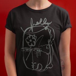 Smiling Flower Portrait Tee Shirt, Abstract Tee, Contour Line Shirt, Hello Text Tee,  Sage Flower Tee, Unique Tee, Designer Shirt, Face Tee