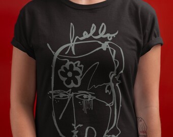 Smiling Flower Portrait Tee Shirt, Abstract Tee, Contour Line Shirt, Hello Text Tee,  Sage Flower Tee, Unique Tee, Designer Shirt, Face Tee