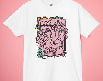 Kids Surreal Abstract Face Flower Tee Shirt, Fun Summer Playtime Gift for Children Him Her School, Unique Coloring Book Pink Art Wear
