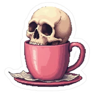 May include: A sticker featuring a pixelated illustration of a human skull inside a pink teacup. The teacup sits on a matching saucer with a small, folded paper. The skull is beige, and the teacup and saucer are a vibrant pink.