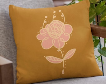 Pink Yellow Abstract Flower Single Square Pillow, Housewarming Floral Gift Idea for Friend New Mom Sister, Trendy Bright Home Decor Accent