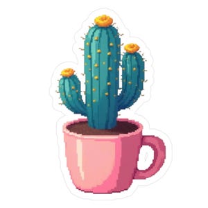 May include: A pixelated illustration of a teal cactus with yellow flowers in a pink mug. The cactus has three stems with small yellow dots. The mug has a handle and is filled with brown soil.
