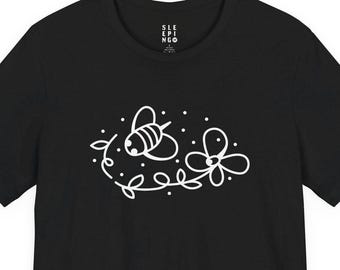 Bee Flower Pollen Tee Shirt, Fun Cute Whimsical Line Art Nature Cottagecore Gift for Mom Floral Gardener, Unique Outdoor Aesthetic T-Shirt