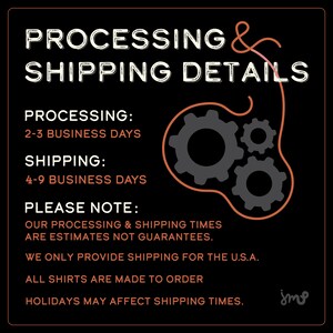 May include: Black graphic with white text that reads "PROCESSING & SHIPPING DETAILS." The text includes processing and shipping times, and a note about shipping estimates. Three gray gears are in the background.